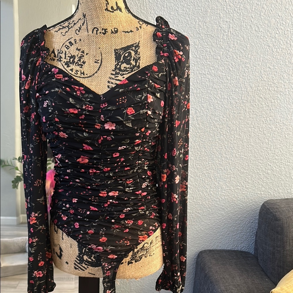 Floral Black Ruched Women's Top
